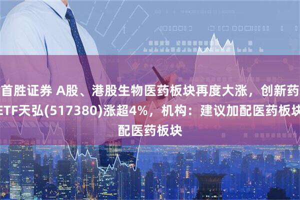 首胜证券 A股、港股生物医药板块再度大涨，创新药ETF天弘(517380)涨超4%，机构：建议加配医药板块